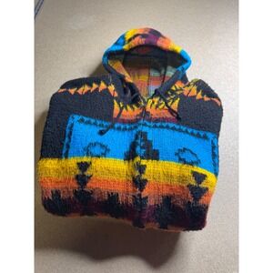 Tejidos Ruminahui Mens Full Zip Wool Hoodie Southwestern Geometric Knit Black L